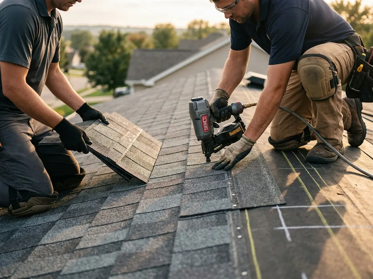 Professional roofer working on a residential roof in Provo
